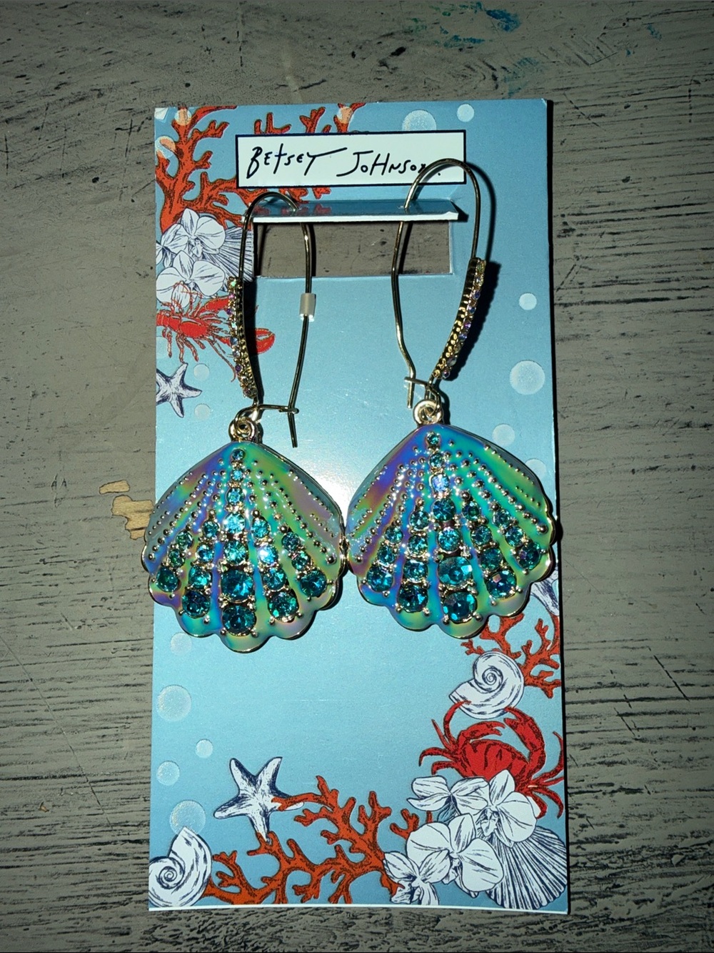 Betsey Johnson Iridescent Aqua-Purple Shell Dangle Earrings